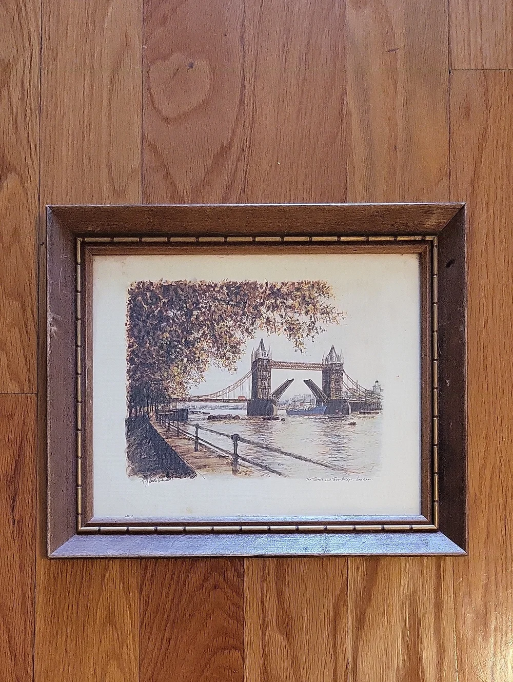 Framed London Bridge Print in Brown and Cream, Wall Decor.